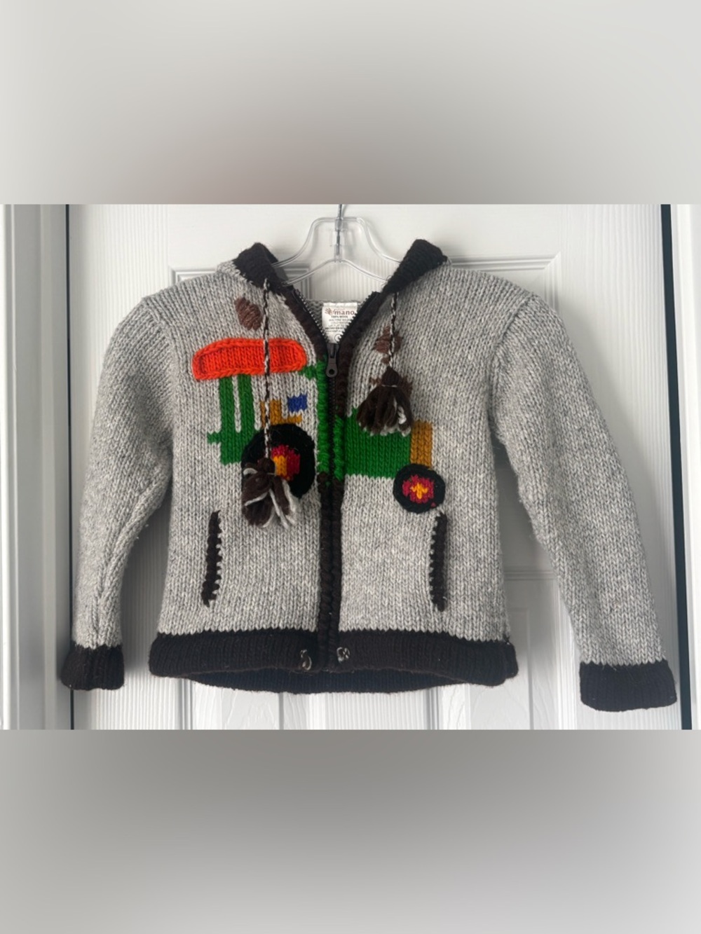 Hand-Knit Tractor Zip-Up Hoodie Kids Jacket - Gray & Green